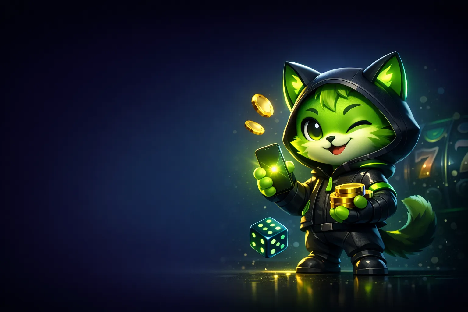 Futuristic glowing BC coin mascot robot with deep navy background and cyan accent lighting for BCGame app page